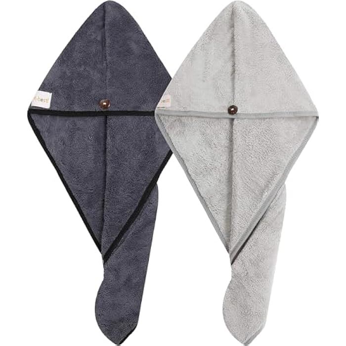 2 Pack Hair Drying Towel, Hair Towel, Super Absorbent Microfiber Turban with Button Design for Drying Hair Quickly (Dark Grey & Light Gray) - Image 5